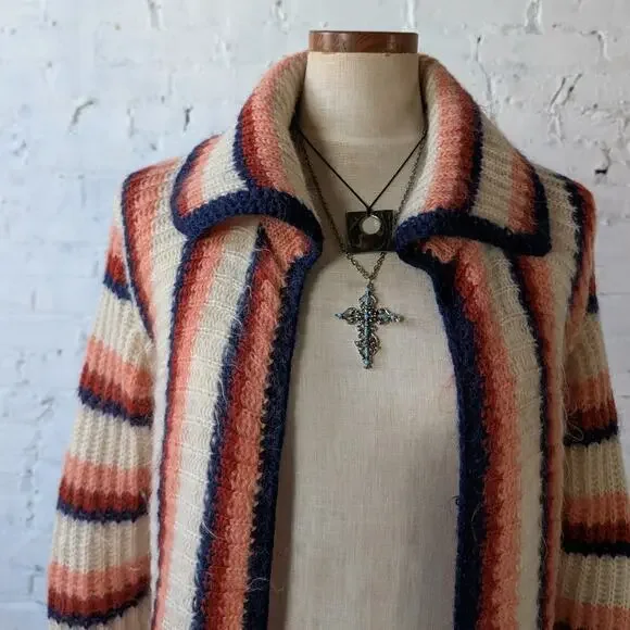 70s Vintage Knit Striped Sweater Stripes Wool Cardigan Earthy Cottage Top Medium - Picture 2 of 6